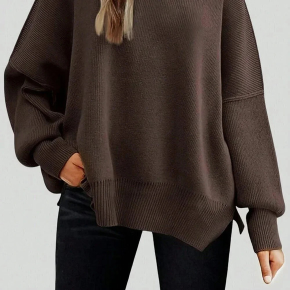 Coffee Brown Casual Women's Solid Drop Shoulder Split Hem Sweater - Picture 2 of 4